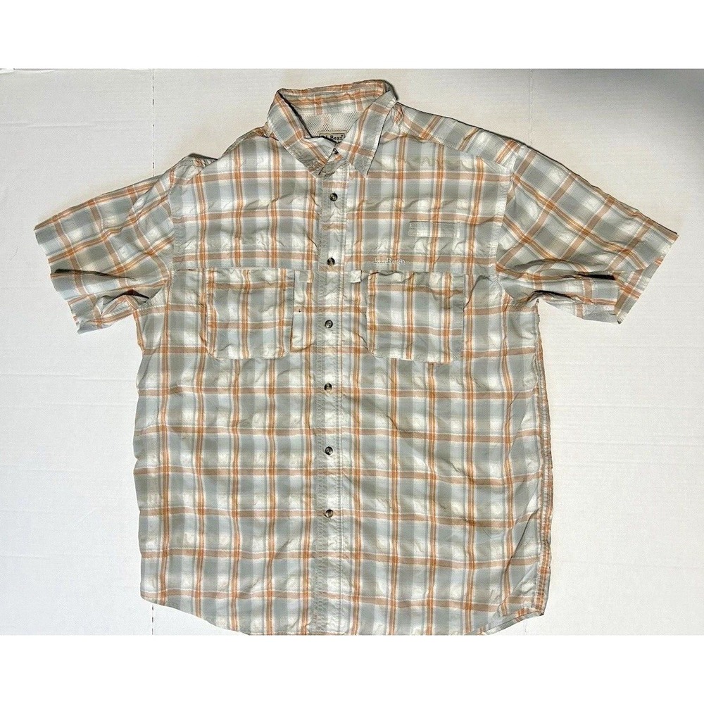 LL Bean‎ Short Sleeve Button Up Fishing Shirt Orange Gray Plaid L REG 255095